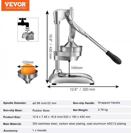 handmatige sapcentrifuge 320x190x430mm gastro citruspers roestvrijstalen sinaasappelpers met ergonomische pershandgreep en antislip rubberen basis granaatappelpers φ22mm spindel sapcentrifuge sapcentrifuge pers — afbeelding 5
