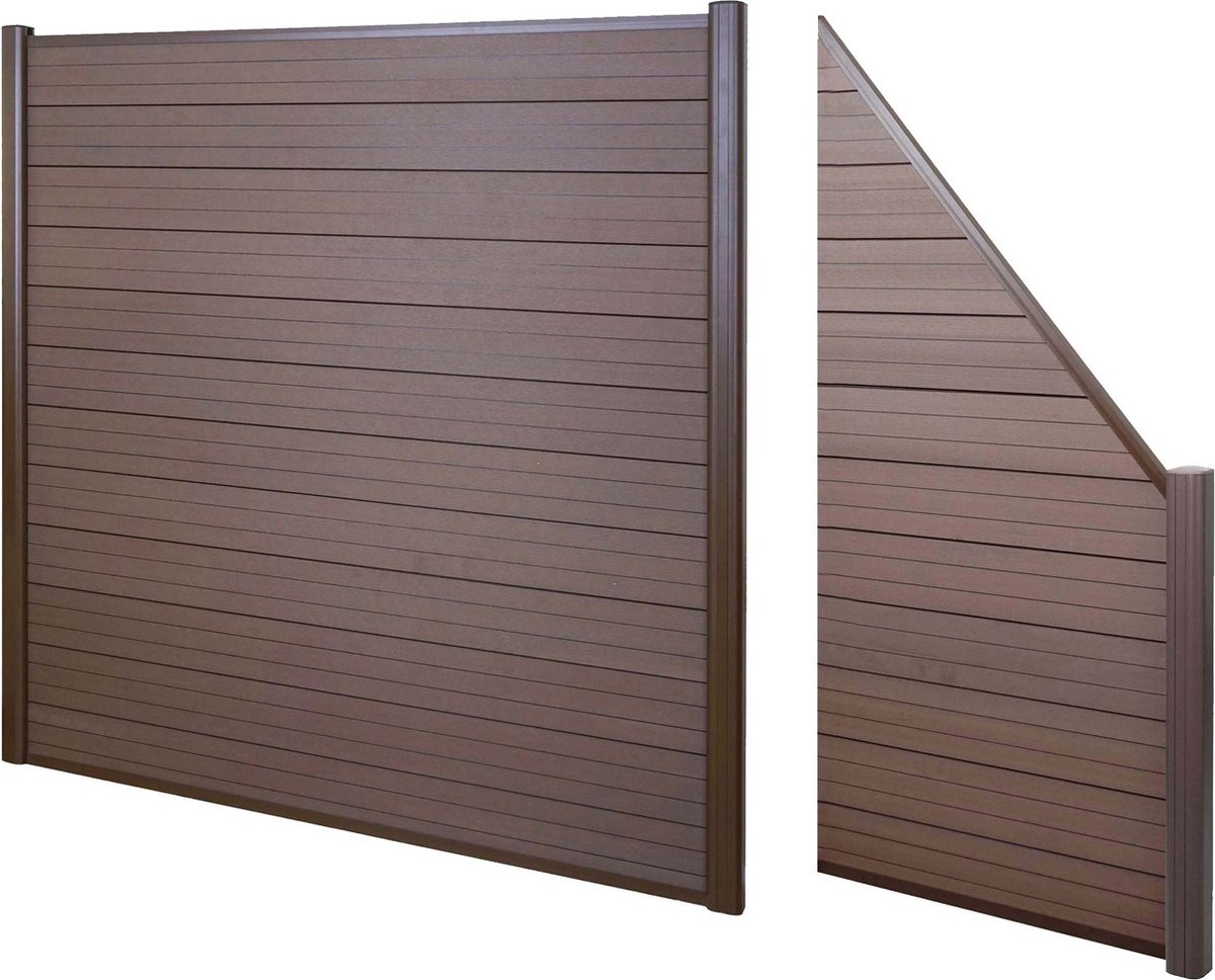 WPC privacyscherm Sarthe, windscherm, aluminium palen ~ set van 2 schuin, 2,82m bruin