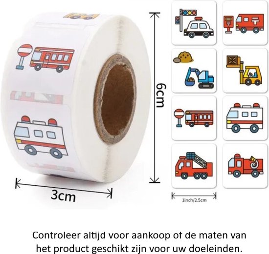 Rol met 500 Voertuigen stickers - 2.5 cm diameter - Hulpdiensten - Brandweer - Politie - Ambulance - Brandweerwagen - Ladderwagen - Brandweerspuit - Heftruck - Graafmachine - Bouwvoertuigen - Bouwplaats - Construction - Decoratie - Verjaardag