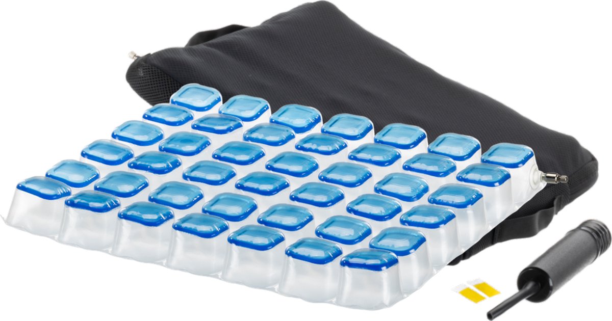 Anti-decubitus deluxe lucht kussen met Gel pads 47 x 41 cm - 5 cm hoog - Met ademende hoes en handpomp - Zitkussen