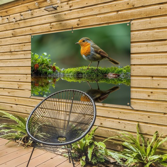 Tuinposter 120x80 cm - Tuindecoratie Roodborstje - Vogels - Natuur - Groen - Vogel - Poster voor in de tuin - Buiten decoratie - Schutting tuinschilderij - Tuindoek muurdecoratie - Wanddecoratie balkondoek