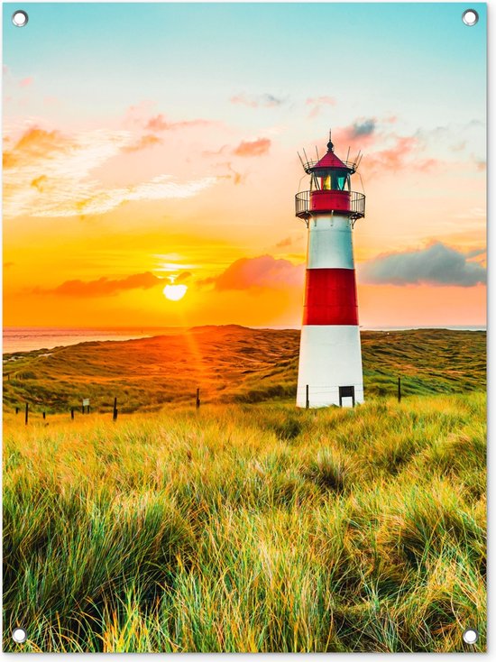 Tuinposter vuurtoren - Tuindecoratie waddenzee duinen - 60x80 cm - Strand en duinen - Poster voor in de tuin - Buiten decoratie van de wadden - Schutting tuinschilderij - Tuindoek muurdecoratie - Wanddecoratie balkondoek