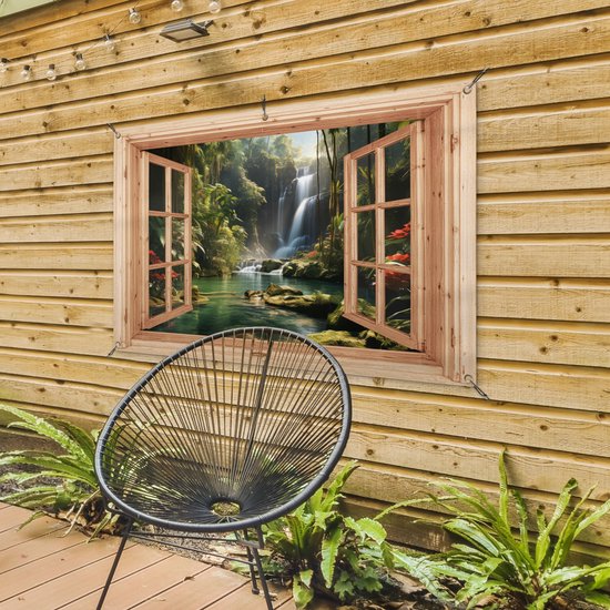 Poster de jardin Cascade - Vue - Jungle - Paysage - Nature - Fenêtre marron clair - 120x80 cm - Toile de jardin - Poster extérieur
