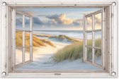 Tuinposter doorkijk strand - Tuindecoratie duinen - 60x40 cm - Natuur poster voor in de tuin - Buiten decoratie - Schutting raam tuinschilderij - Tuindoek muurdecoratie - Wanddecoratie balkondoek