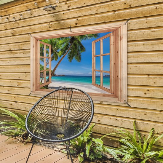 Poster de jardin Plage - Vue - Palmier - Mer - Île - Fenêtre marron clair - 120x80 cm - Toile de jardin - Poster extérieur