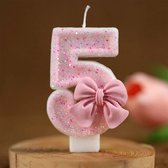 DW4Trading Verjaardagskaars 5 Roze met Strikje - Cijfer-kaars - Taartversiering