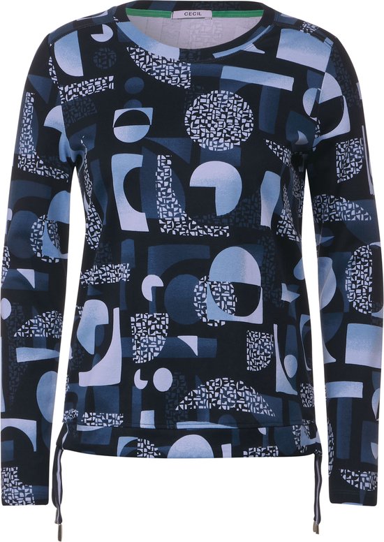 CECIL TOS Geometric AOP roundneck Dames T-shirt - donker blauw - Maat XL