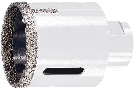 Witte diamantboorkop met diamantcoating aan de voorzijde en een smalle sleuf.