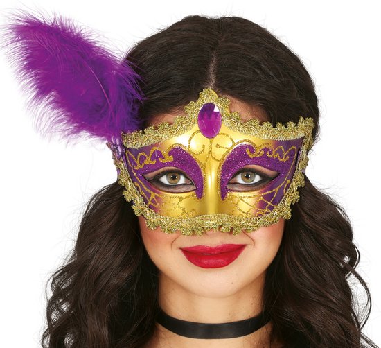 Fiestas Guirca Verkleed oogmasker Venitiaans - paars met veer - volwassenen - Carnaval/gemaskerd bal