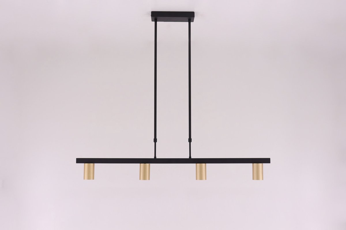 Hanglamp strak zwart met 4 gouden koker Gu10 spots - 110cm