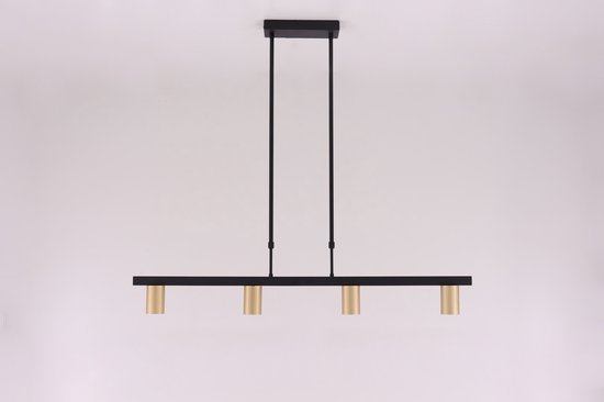 Hanglamp strak zwart met 4 gouden koker Gu10 spots - 110cm