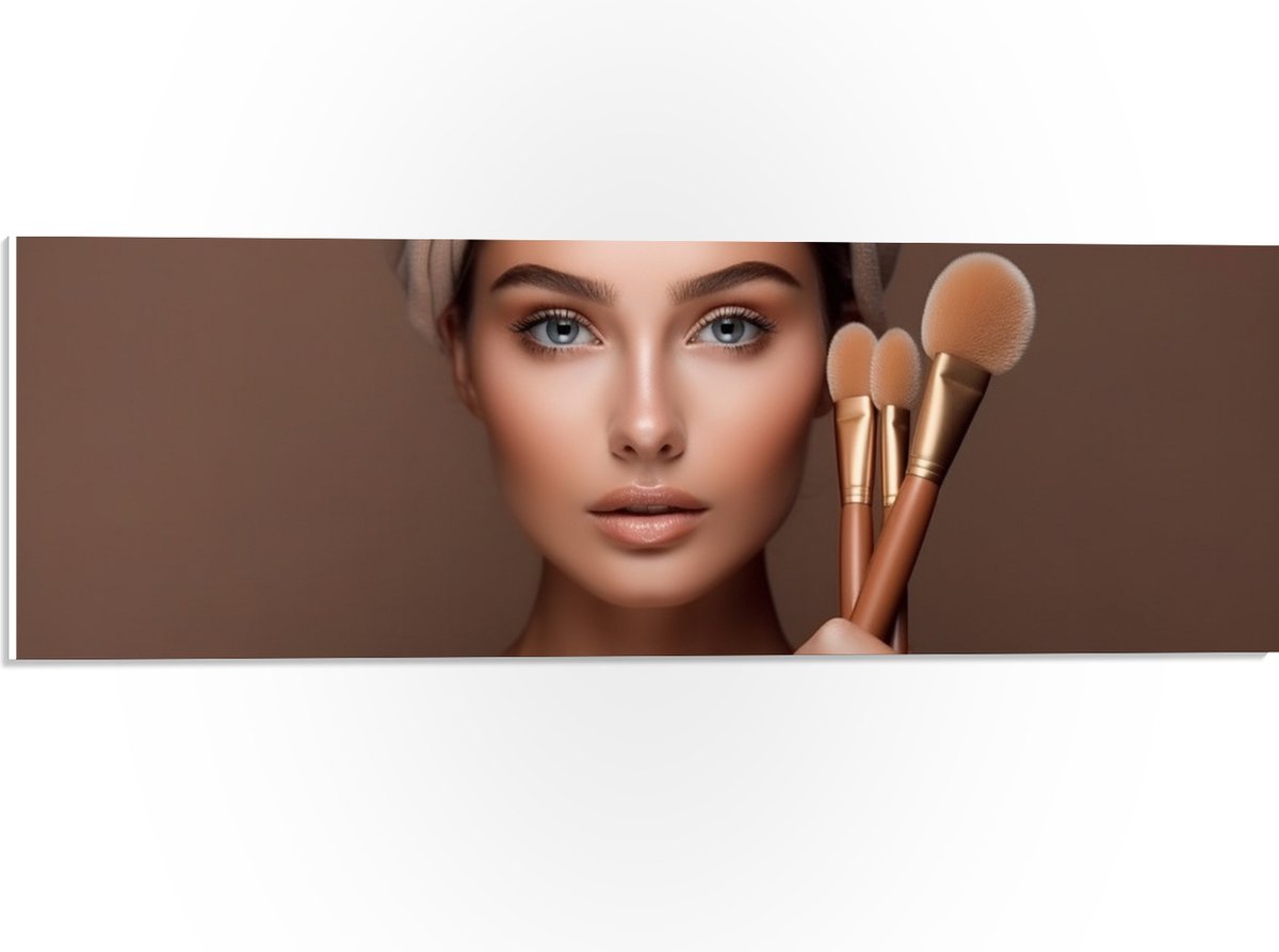 PVC Schuimplaat- Vrouw - Kwasten - Makeup - Gezicht - 60x20 cm Foto op PVC Schuimplaat