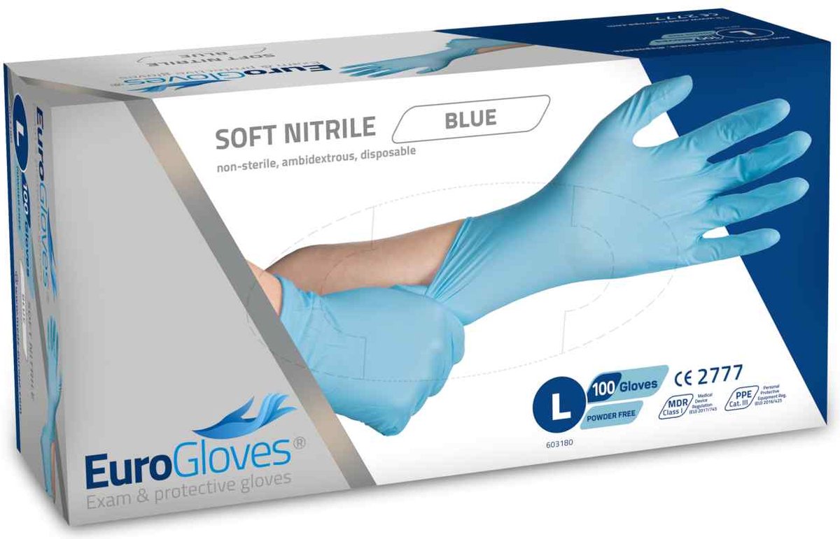 Goedkoopste Voordeelverpakking handschoenen 5 x Eurogloves soft-nitrile poedervrij blauw - Large 100 stuks