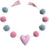 Luna-Leena duurzame hart mini slinger - pink/grey - L75cm - 100% wol pompom 3ø cm - handgemaakt in Nepal, roze, grijs, party slinger, heart, love, trouwerij, garland, feest, verjaardag, afscheid, geboorte, babyshower, kado, cadeau - valentijn