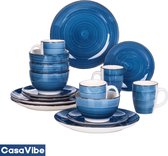 CasaVibe Luxe Serviesset – 16 delig – 4 persoons – Porselein - Bordenset – Dinner platen – Dessertborden - Kommen - Mokken - Set - Blauw - Wit