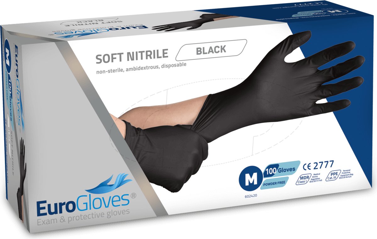 Goedkoopste Voordeelverpakking handschoenen 2 x Eurogloves soft-nitrile poedervrij zwart - Medium 100 stuks