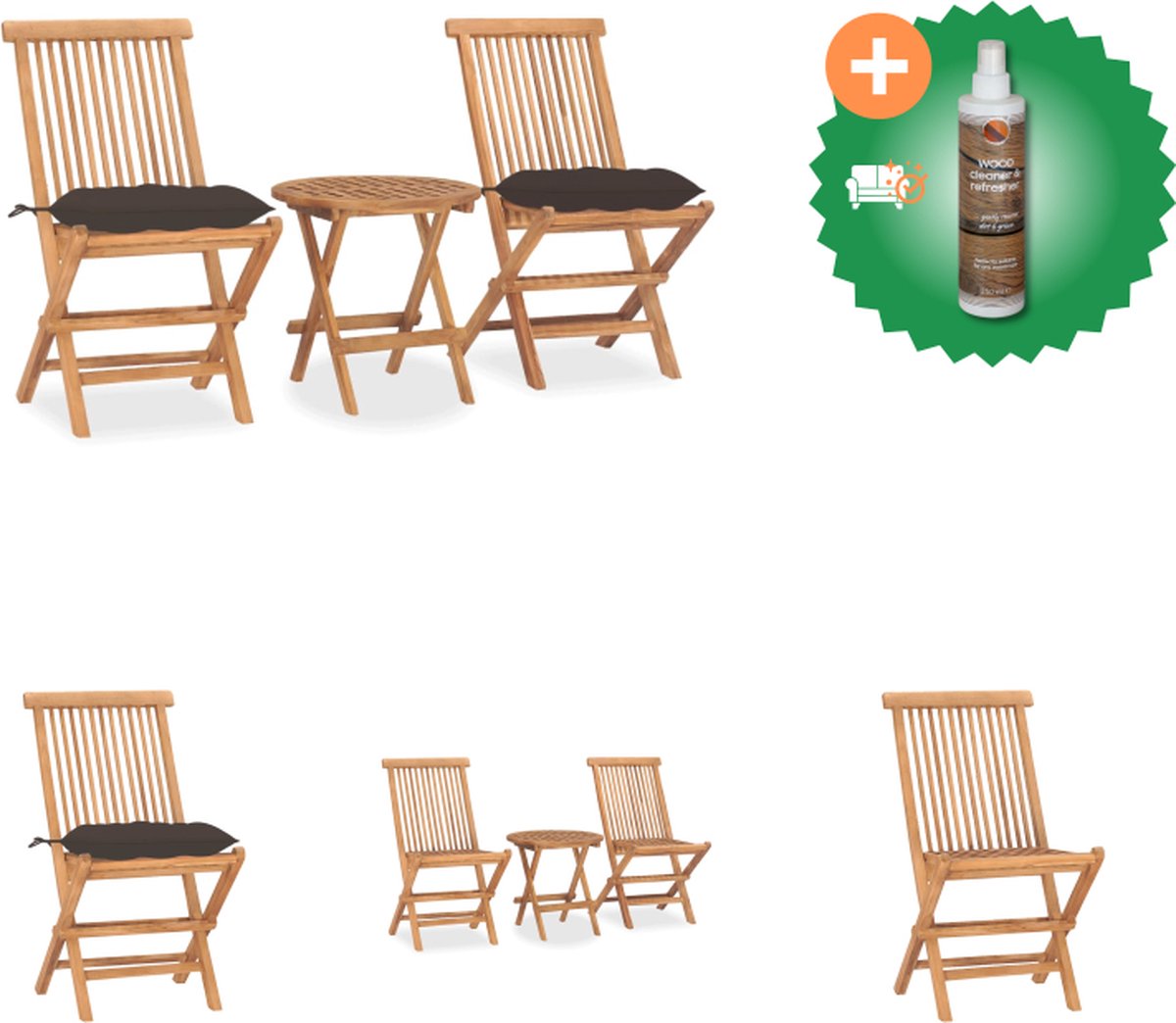 VidaXL Tuintafel en stoelen Hard teakhout Stapelbaar Inklapbaar ontwerp Taupe kussen Afmetingen- 50 x 50 cm tafel 46 x 62 x 90 cm stoel Tuinset Inclusief Houtreiniger en verfrisser