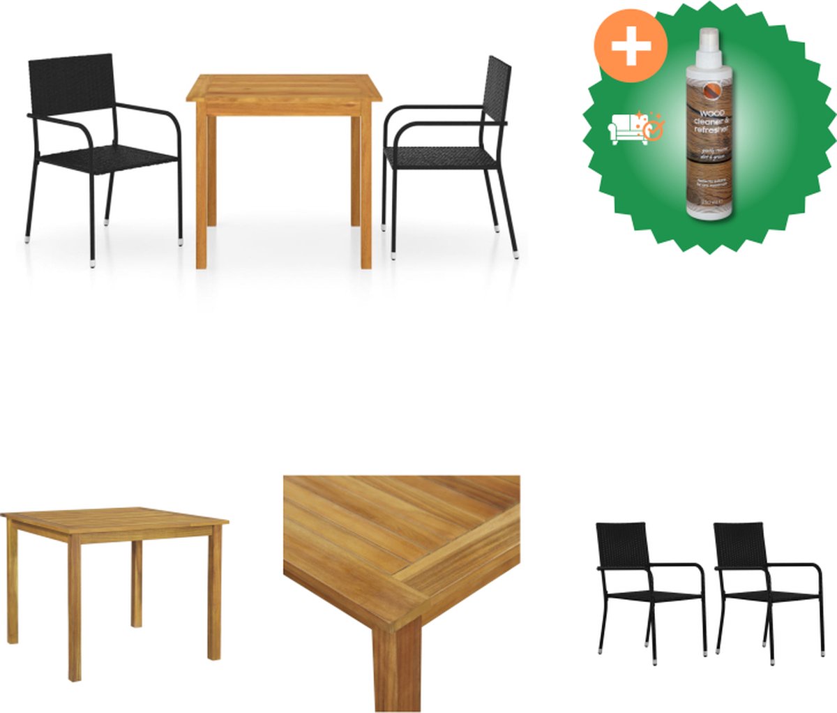 VidaXL Tuinset Acaciahouten Eettafel PE Rattan Eetstoelen Zwart 85x85x74cm Duurzaam Ruimtebesparend Tuinset Inclusief Houtreiniger en verfrisser