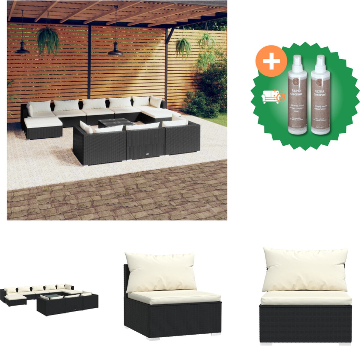 VidaXL Loungeset Modulair PE-rattan Zwart 10 zitkussens 12 rugkussens Tuinset Inclusief Onderhoudsset