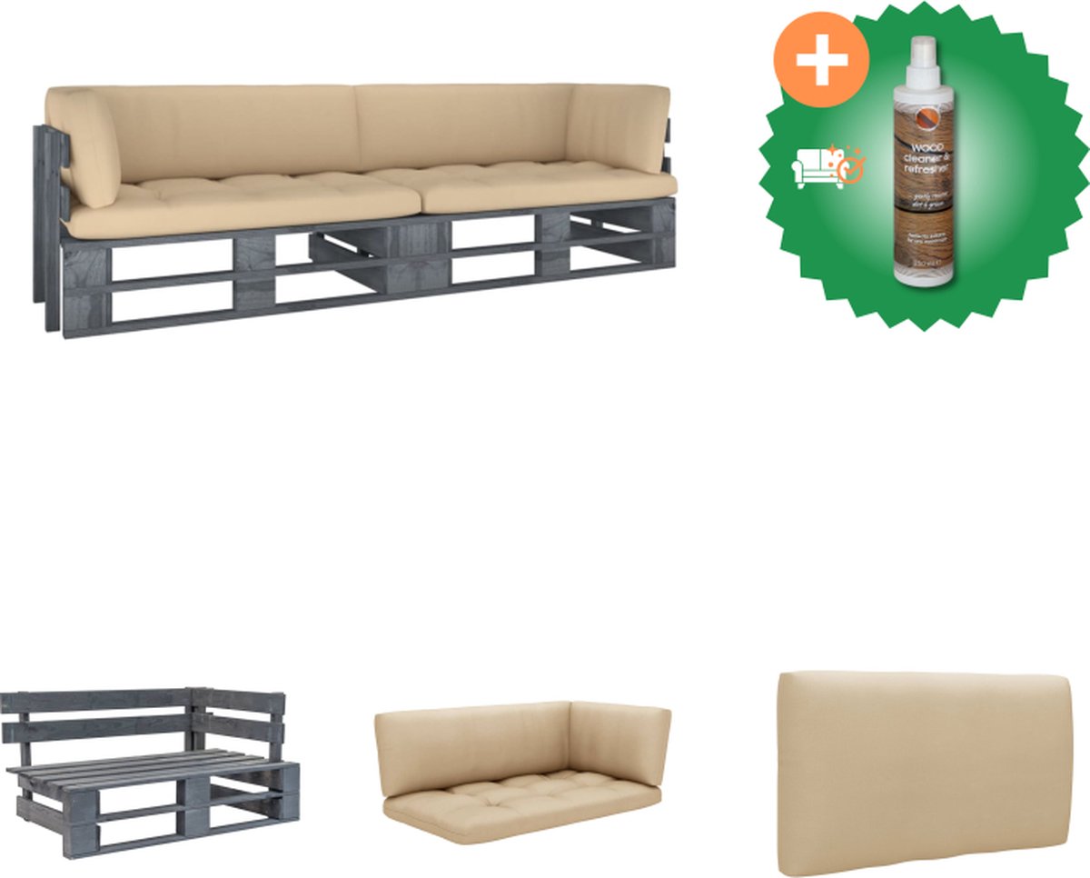 VidaXL Palletbank 110 x 65 x 55 cm Grenenhout Geïmpregneerd Beige kussen Tuinset Inclusief Houtreiniger en verfrisser