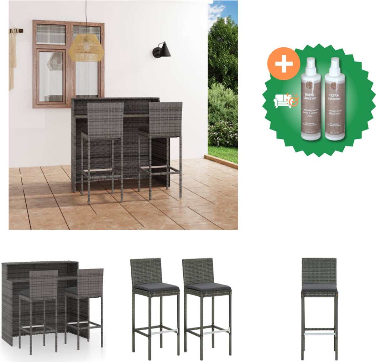 VidaXL Barset Bruin PE-rattan Incl 2 barkrukken 120x55x110cm Tuinset Inclusief Onderhoudsset