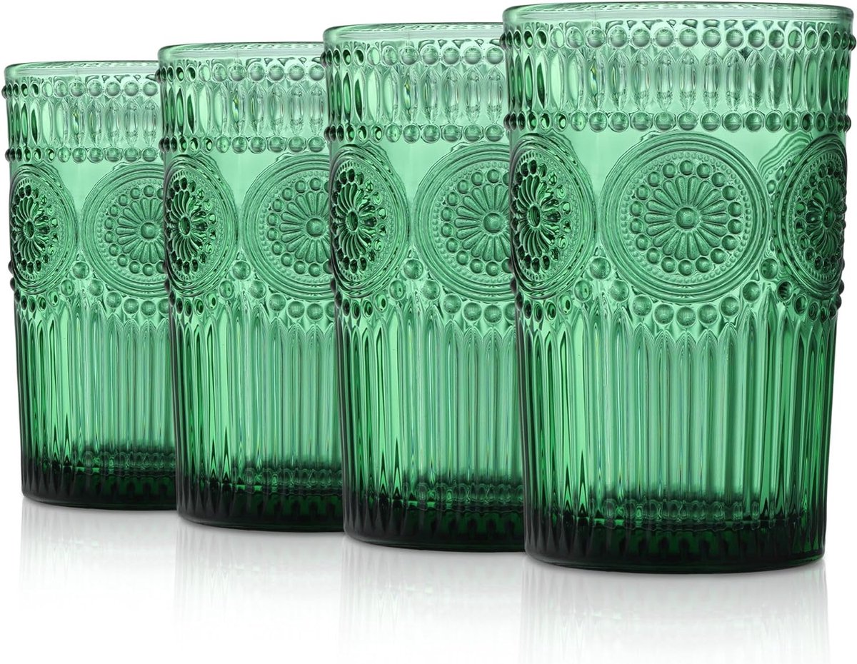 Groene drinkglazen geribbeld reliëf waterglazen longdrinkglazen drinkbekers met zonnebloemenpatroon romantisch glaswerk voor sap whisky dranken water 350 ml set van 4