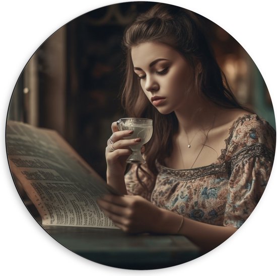 Dibond Muurcirkel - Vrouw - Lezen - Drinken - Glas - Boek - 60x60 cm Foto op Aluminium Muurcirkel (met ophangsysteem)