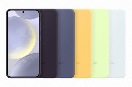 Verschillende gekleurde Samsung smartphone cases: zwart, donkerblauw, geel, lichtgroen en wit.