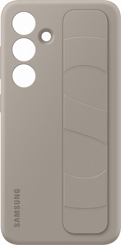 Beige telefoonhoesje met een gripband en Samsung logo.