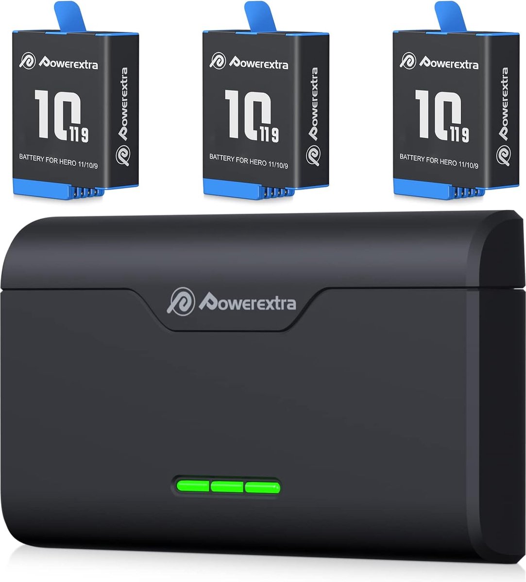 PowerExtra Oplader met 3 Batterijen geschikt voor GoPro 12, GoPro 11, GoPro 10 & GoPro 9 - Snelle oplader met accu's geschikt voor Go Pro