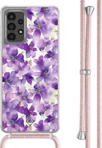 Casimoda® hoesje met rosegoud koord - Geschikt voor Samsung A13 4G - Floral Violet - Afneembaar koord - TPU/polycarbonaat - Paars