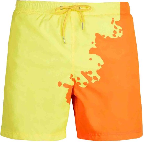 Zwemshorts met een gele voorkant en oranje achterkant, met een oranje verfspat-print.