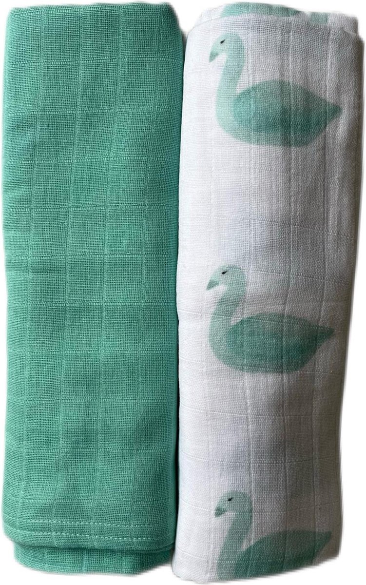 Goedkoopste Hydrofiele doek 120x120cm -bakerdoek -wikkeldoek-2 stuks- print zwaantje-effen-lichtgroen