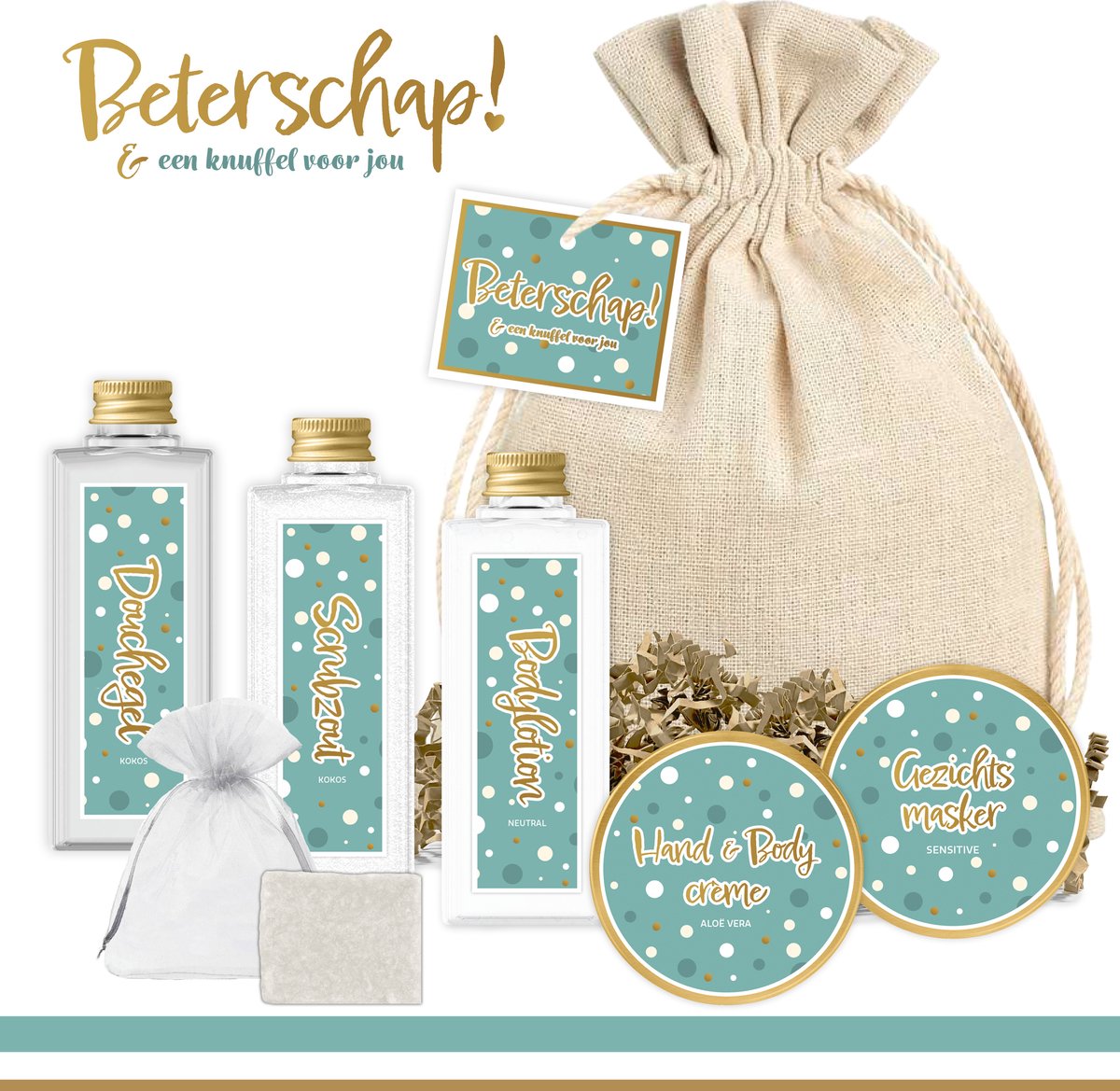Goedkoopste Geschenkset “Beterschap! en een knuffel voor jou” - 7 producten - 550 gram | Cadeau Vrouw - Opkikkertje - Beterschapswens Vrouw Meisje Vriendin - Welness Cadeaupakketje - Verwenpakketje na operatie- Beterschapscadeau Zorgwerk - Goud Turquoise
