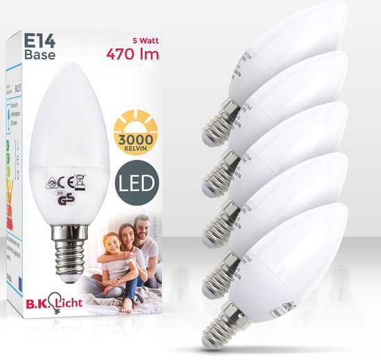 B.K.Licht - Ampoule LED - éclairage E14 - 5W - 3000K - lumière blanche chaude - forme bougie - lot de 5