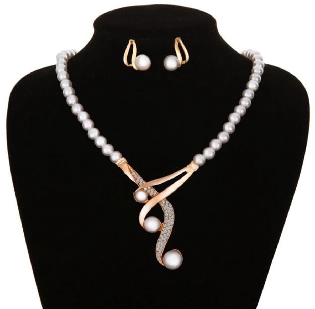 N3 Collecties Parel Dames Ketting met Oorbellen set -Wit Kristal kettingen