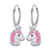 Joy|S - Zilveren eenhoorn oorbellen unicorn oorringen wit roze