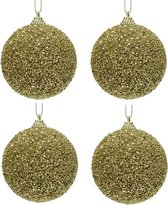6x Gouden glitter/kralen kerstballen 8 cm kunststof - Onbreekbare kerstballen - Kerstboomversiering goud