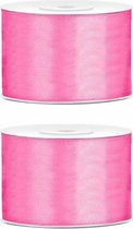 2x Hobby/decoratie roze satijnen sierlinten 5 cm/50 mm x 25 meter - Cadeaulint satijnlint/ribbon - Roze linten - Hobbymateriaal benodigdheden - Verpakkingsmaterialen