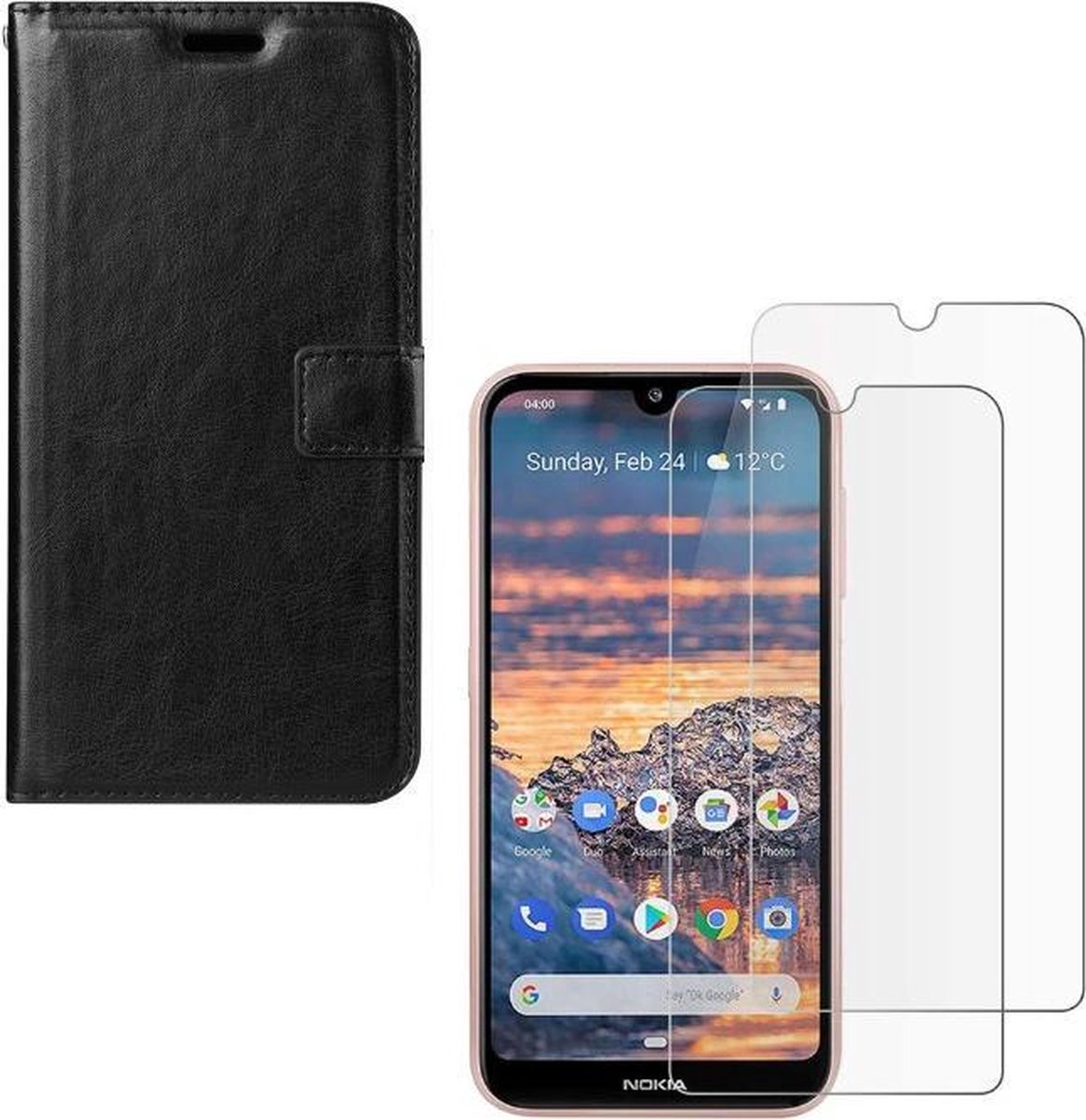 hoesje Geschikt voor: Nokia 2.3 Portemonnee zwart met 2 stuks Glas Screen protector