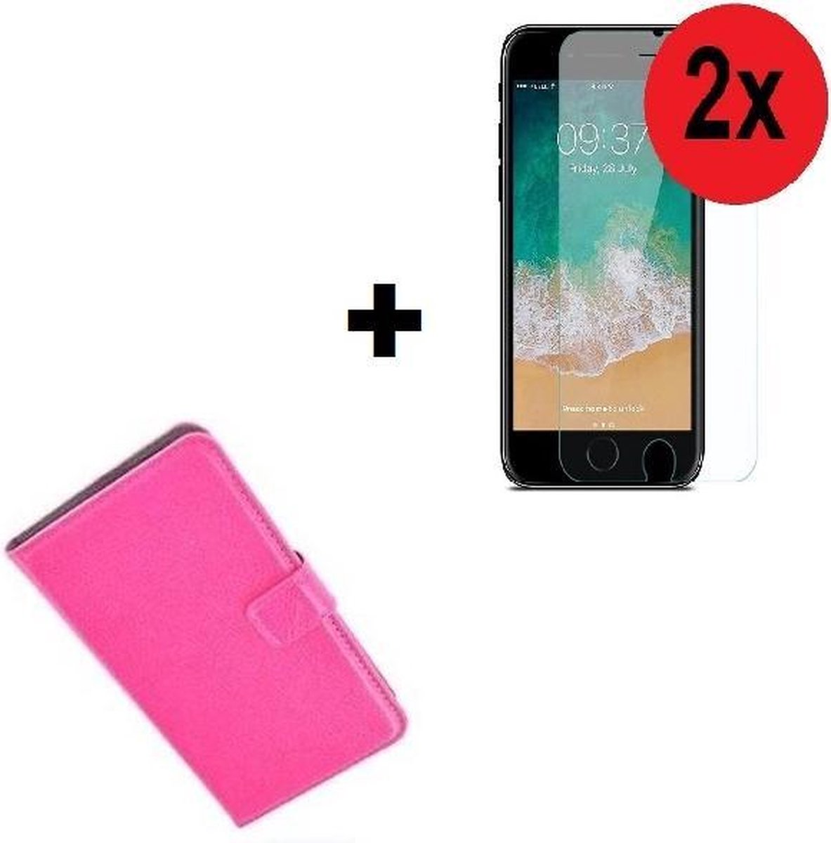 Geschikt voor iPhone SE (2020) hoes wallet bookcase hoesje Cover P roze + 2xTempered Gehard Glas / Glazen screenprotector (2 stuks) Pearlycase