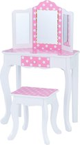 Teamson Kids Houten Kaptafel Kinderen - Met LED Licht Spiegel - Tafel en Stoel Set - Polka Dot - Roze/Wit