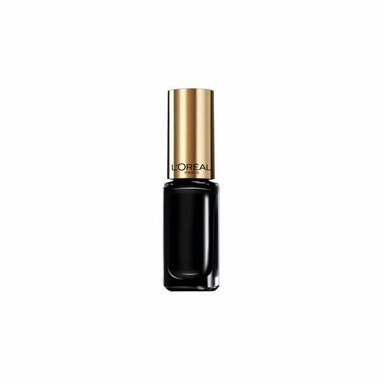 L'Oréal Paris nagellakflesje met een zwarte kleur en een gouden dop.
