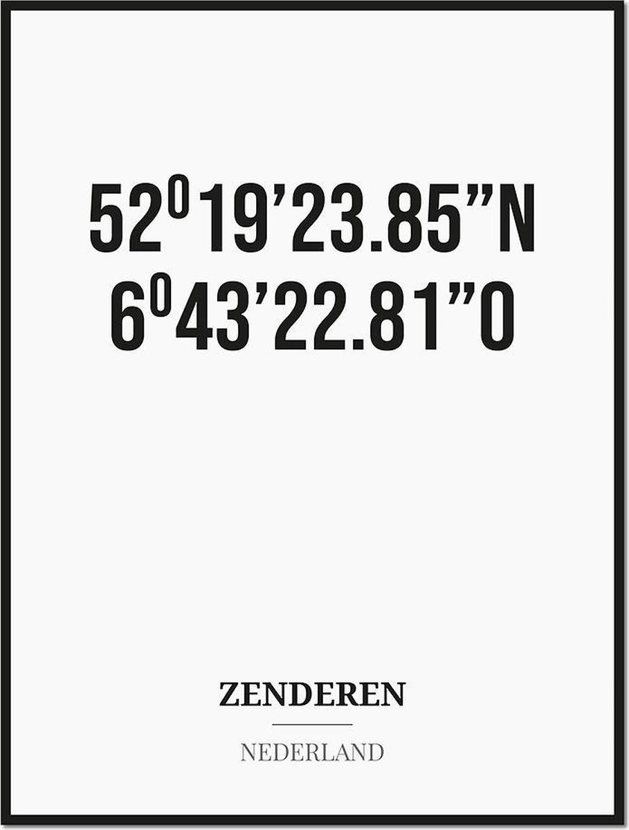 Studio216 Poster/kaart ZENDEREN met coördinaten zwart, wit
