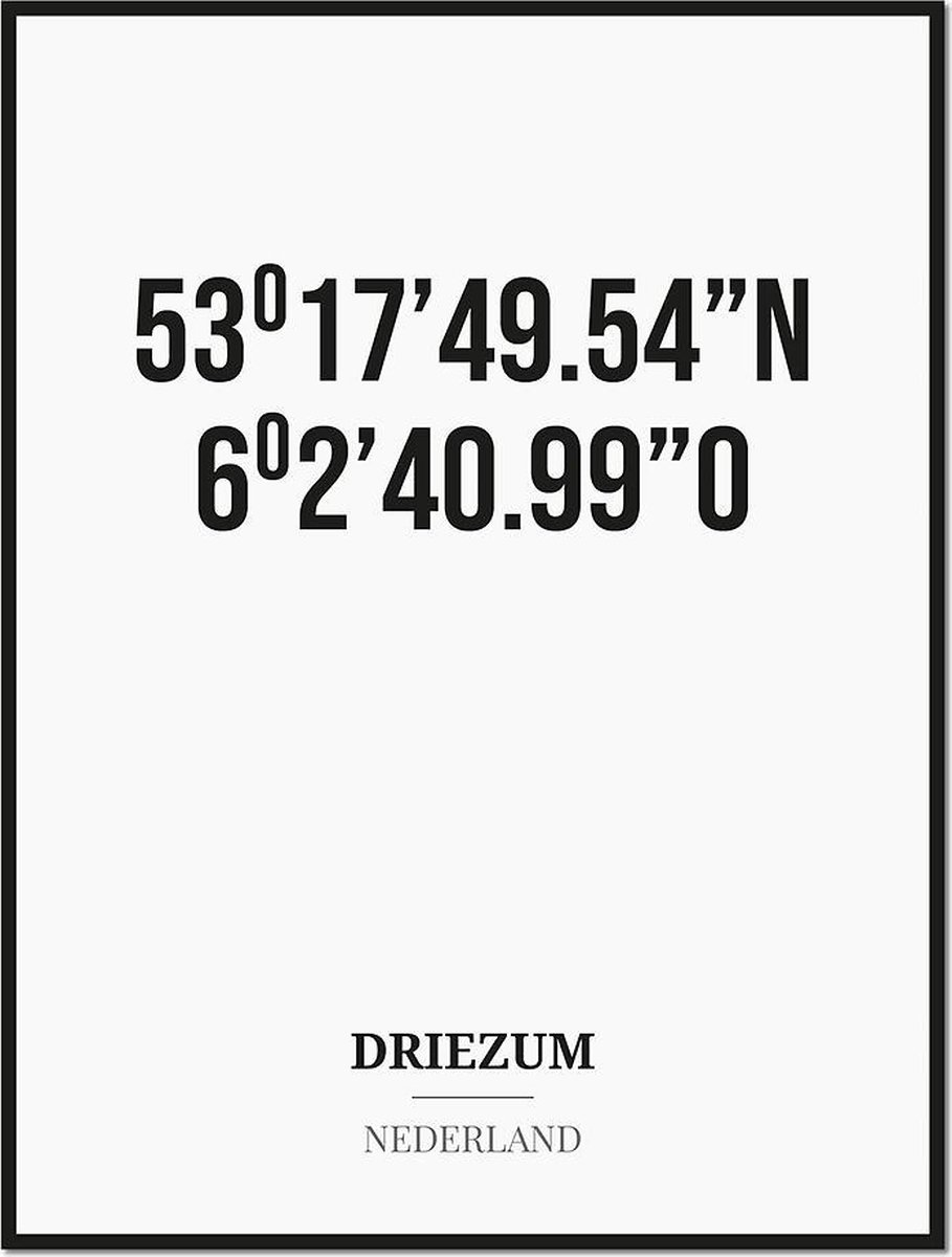 Studio216 Poster/kaart DRIEZUM met coördinaten zwart, wit