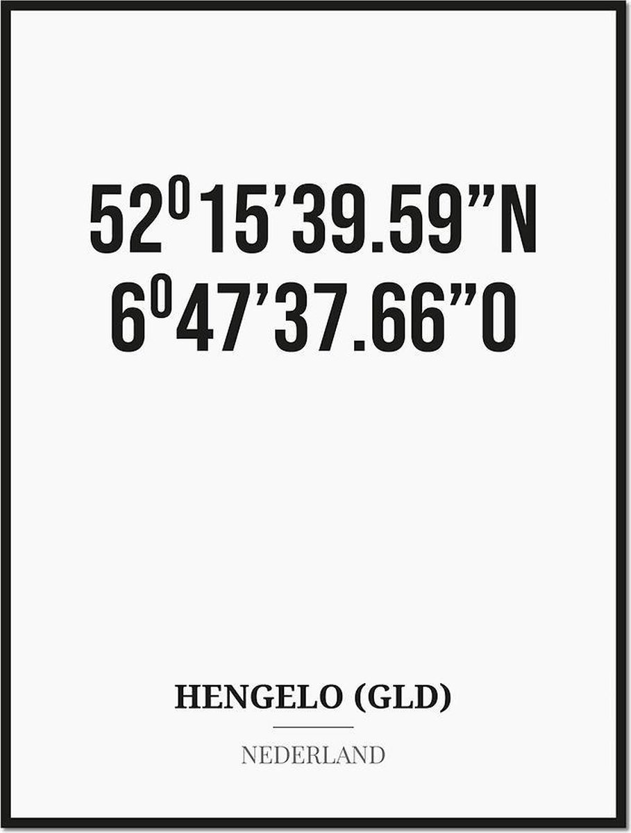 Studio216 Poster/kaart HENGELO (GLD) met coördinaten zwart, wit
