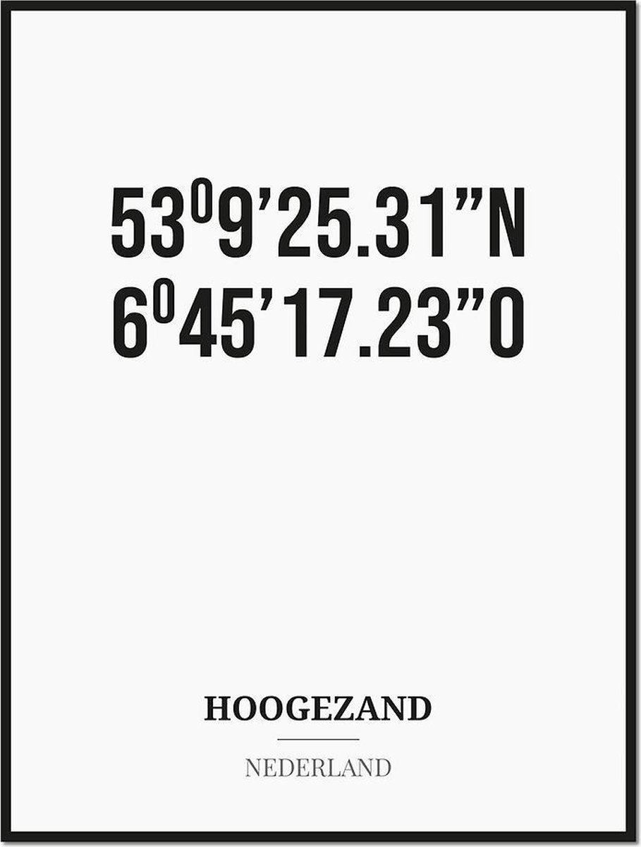 Studio216 Poster/kaart HOOGEZAND met coördinaten zwart, wit