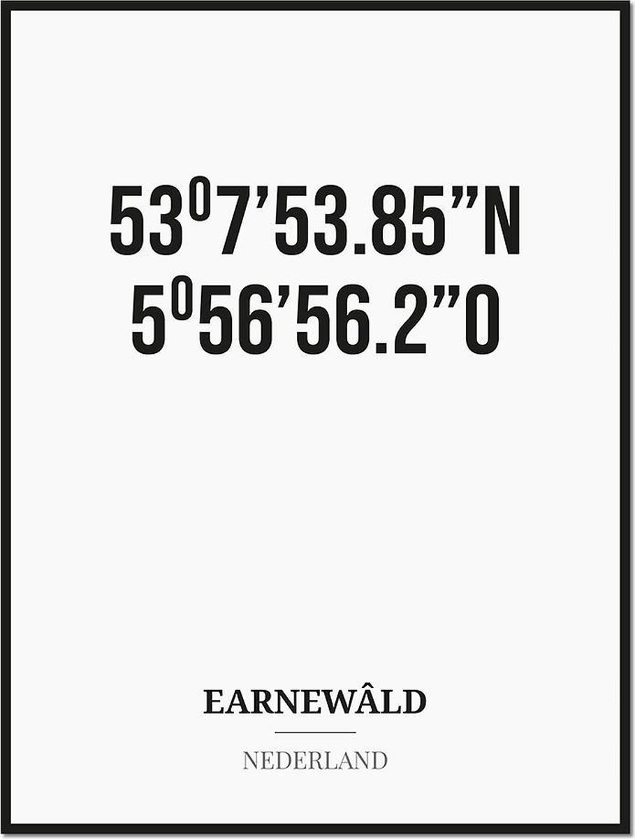 Studio216 Poster/kaart EARNEWÂLD met coördinaten zwart, wit