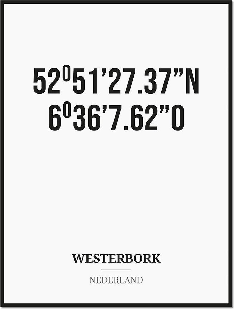 Studio216 Poster/kaart WESTERBORK met coördinaten zwart, wit