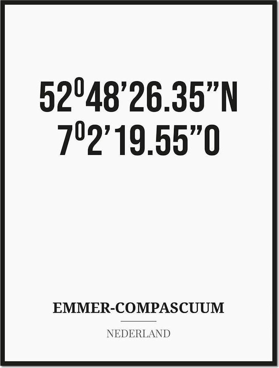 Studio216 Poster/kaart EMMER-COMPASCUUM met coördinaten zwart, wit